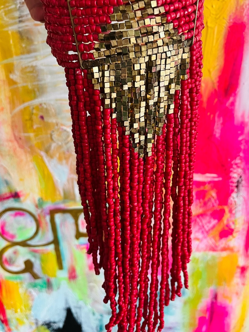 Ultimate bohemian red gold bead choker necklace